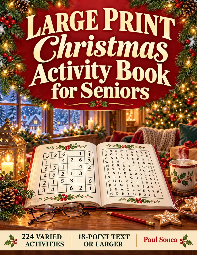 Cover of Large Print Christmas Activity Book for Seniors, 224 Activities · 18-Point Text