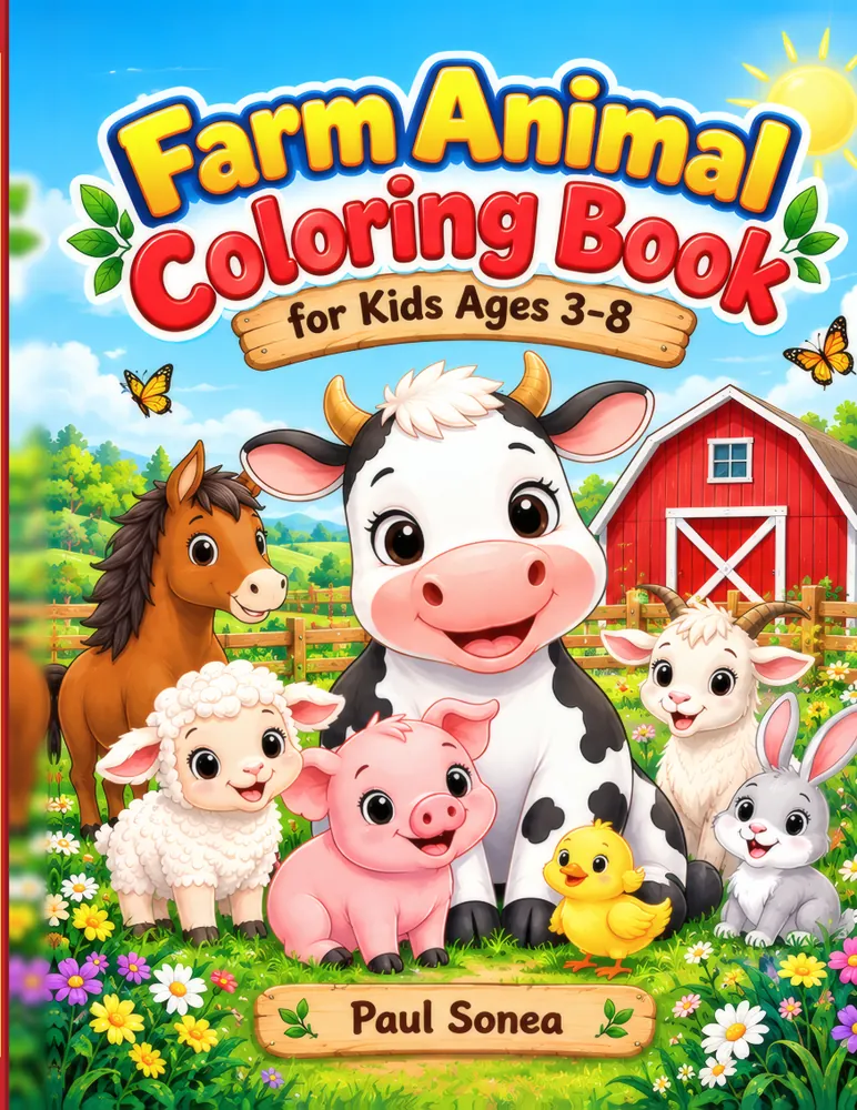 Cover of Cute Farm Animals, Coloring Book for Kids Ages 3-8