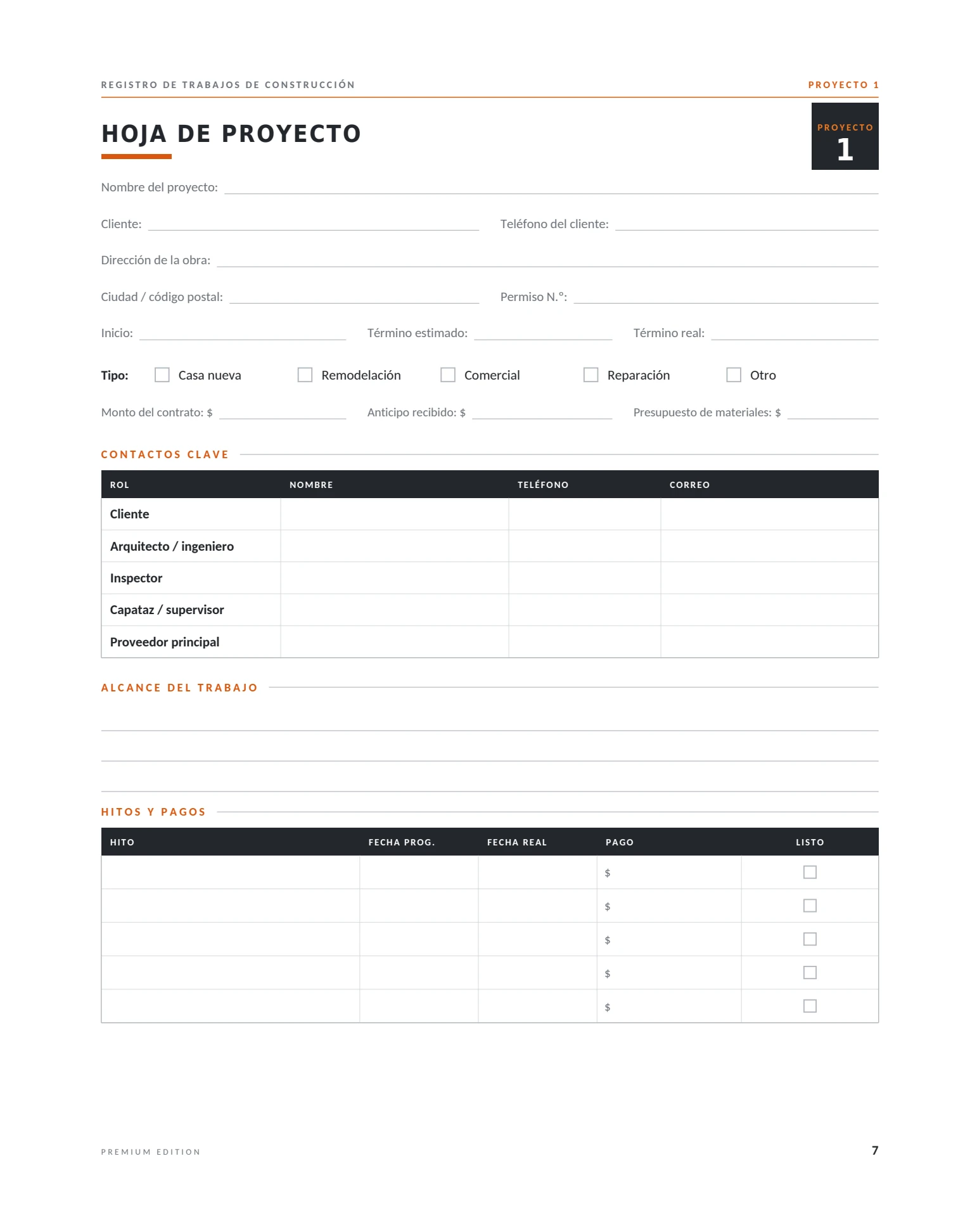 Interior page 1 of Registro de Trabajos de Construcción